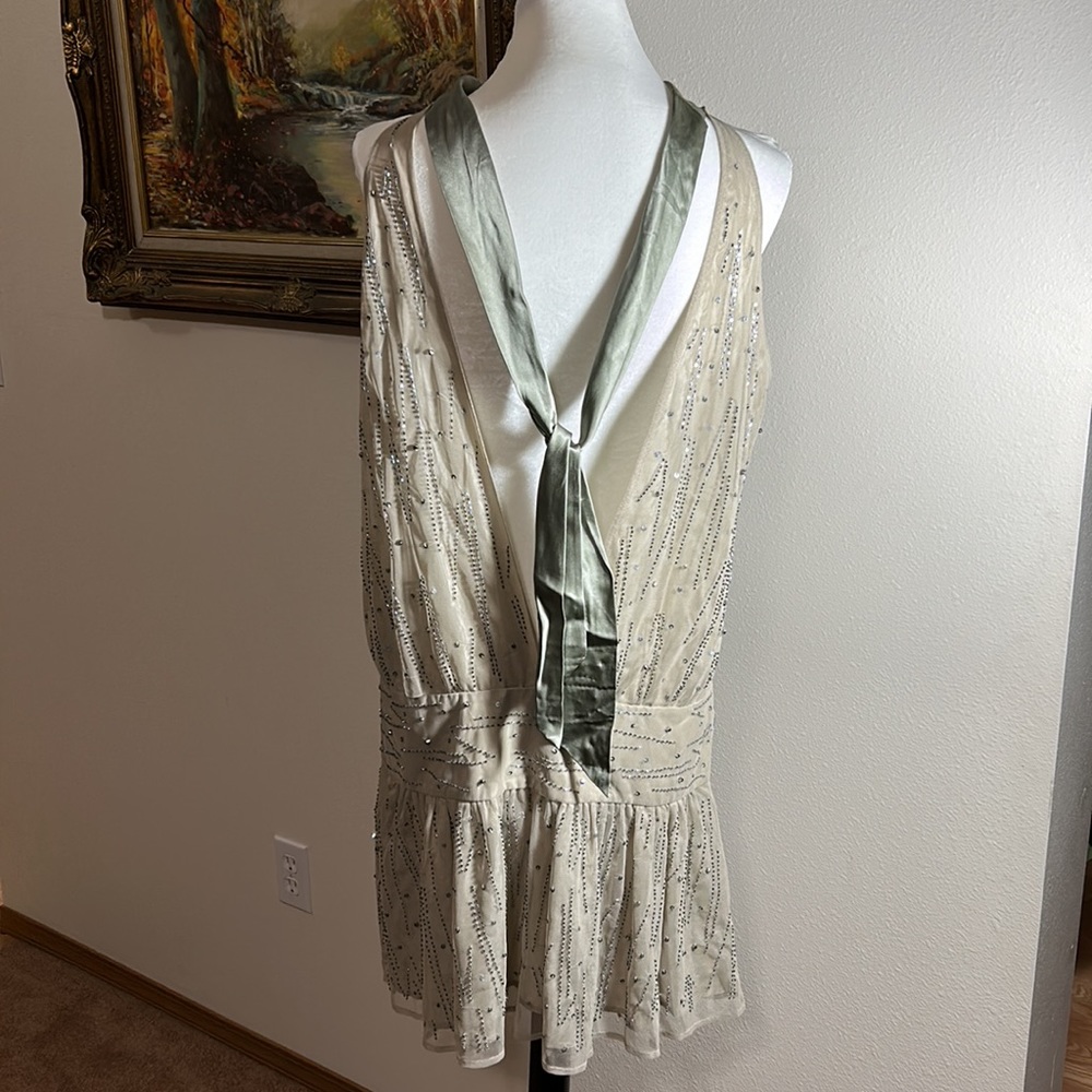 BNWT. Sean Jean. Beaded, Silk Drop Waist Dress. Celadon Green. Sz 10 Stunning🤩